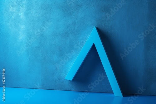 Leaning symbol on blue wall in blue room with copy space, signaling urgency, awareness, or information. Generative AI