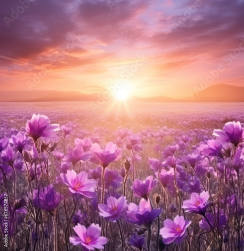 A beautiful sunny day with purple flowers, in the style of dreamlike horizons © olegganko
