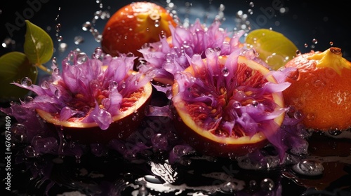  a close up of a grapefruit and oranges with water splashing on the whole grapefruit. generative ai © Olga