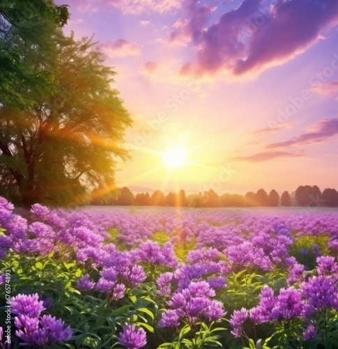 A beautiful sunny day with purple flowers, in the style of dreamlike horizons