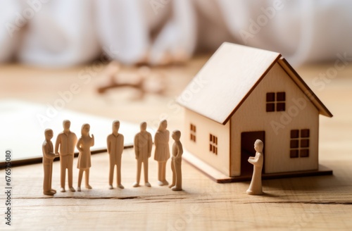 Real estate model of house with family standing on the floor