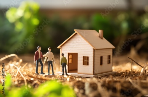 Real estate model of house with family standing on the floor