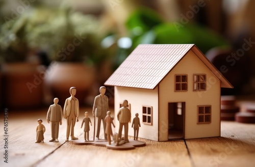 Real estate model of house with family standing on the floor