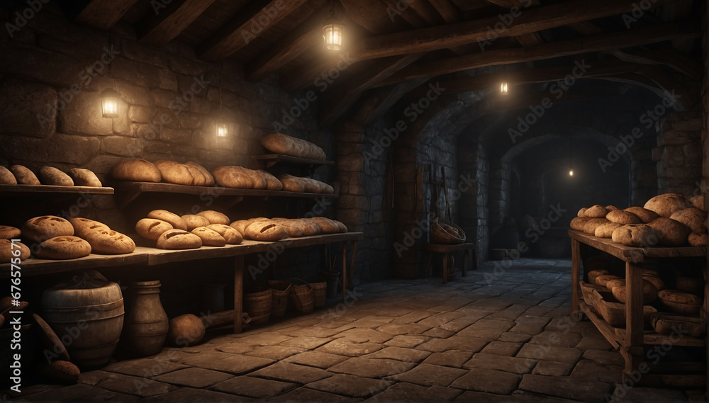 Small and old and dirty medieval bakery - AI Generative
