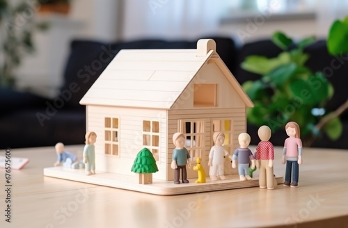 Real estate model of house with family standing on the floor