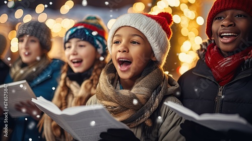 Diverse group of children singing carols in winter evening. Joyful holiday caroling by children in snowy setting. Festive chorus of kids celebrating christmas outdoors. photo