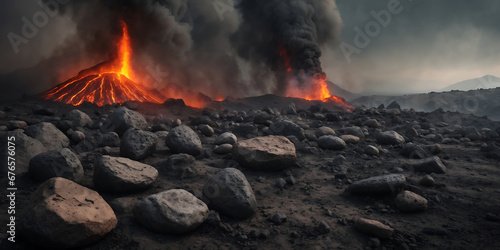 Fire in the mountains, volcanic background, Smokey background, lava and smoke.