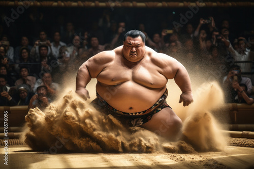 A powerful sumo wrestler on the ring photo