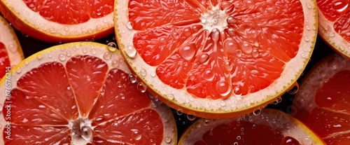Fresh red grapefruit slices, with water drops over it, closeup macro detail. Generative AI photo