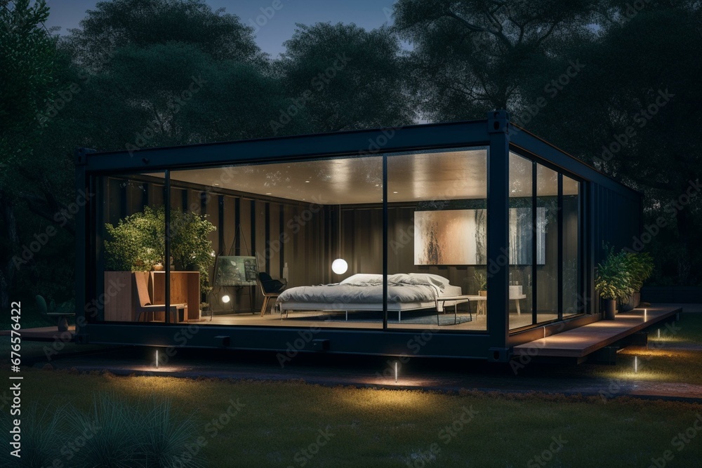 Modern small dwelling constructed from a shipping container featuring expansive glass panels and illuminated interiors. Generative AI