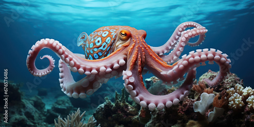 The octopus, with one of its eight arms, gently holds a piece of coral © Malika