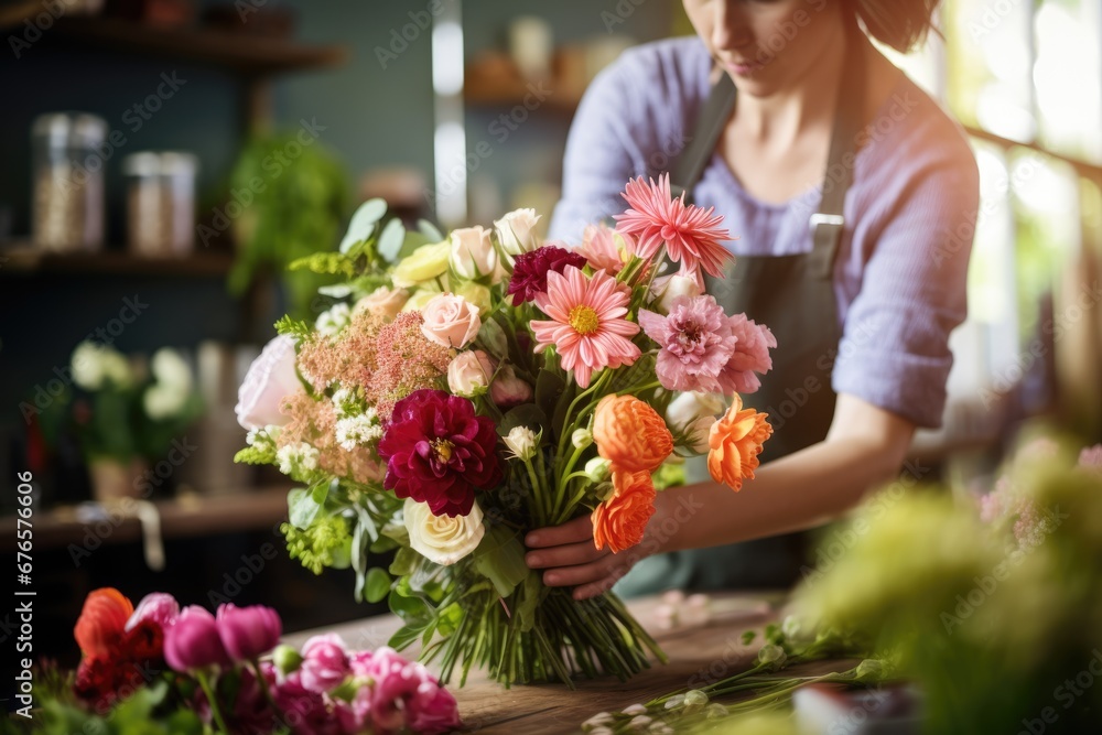 A florist's hands arranging a vibrant bouquet of fresh flowers in a charming flower shop, with colorful blooms and floral arrangements as the backdrop.