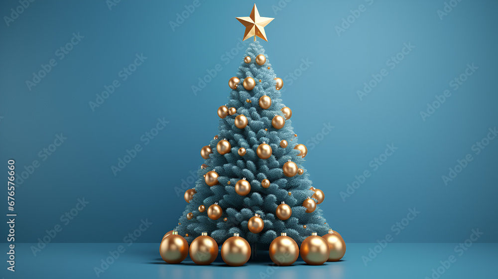 Fototapeta premium blue Christmas tree with golden star and gold ornaments on a blue background