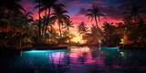 Neon lights cast a surreal glow over the tropical landscape
