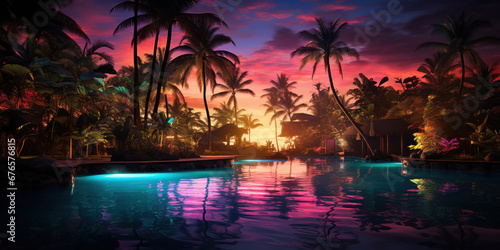 Neon lights cast a surreal glow over the tropical landscape © Malika