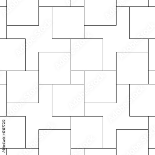 Parquet vector. White figures tessellation on black background. Seamless surface pattern design with polygons. Repeated blocks wallpaper. Mosaic motif. Digital paper for page fills, web designing.