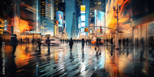 The city pulses with life in a time-lapse, people streaming by in a blur of motion and color