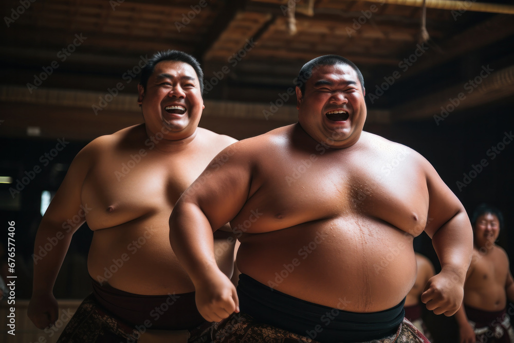Fototapeta premium Group of smiling sumo wrestler posing in the midst of fierce battle