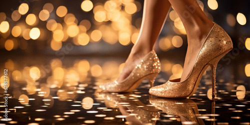 The woman's high heels click, a sharp silhouette against the soft blur of bokeh lights