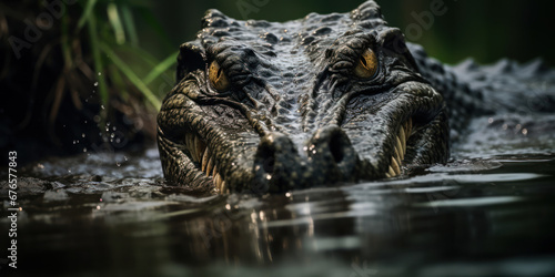 The alligator jaws part in a silent display of power, the water around it undisturbed