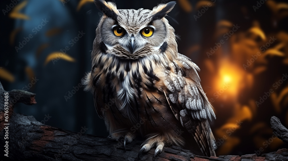 An owl sitting n a branch on natural forest background. Generative AI. An owl sitting n a branch on natural forest background. Generative AI.