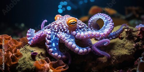 An octopus wraps its tentacle around a colorful seashell, a treasure amidst the ocean floor