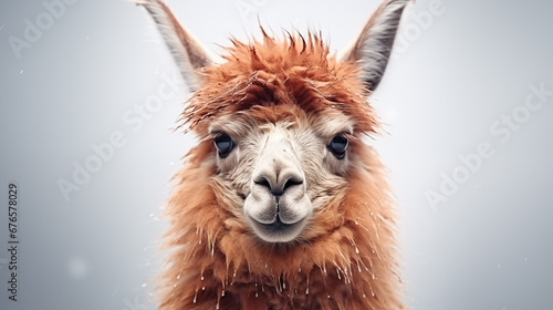 Close-up portrait of llama on minimalistic background. Studio shot. AI generated content.