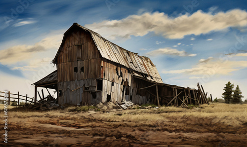 an old barn in artist watercolor and ink pen style, vivid cerulean sky