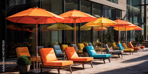 Colorful umbrellas stand sentinel around the loungers  a vivid contrast to the sleek glass of the nearby buildings