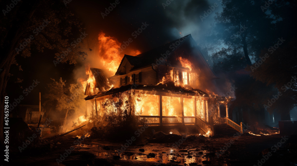 A single-family home is on fire at night. The concept of unexpected danger and need for insurance. Generative AI.