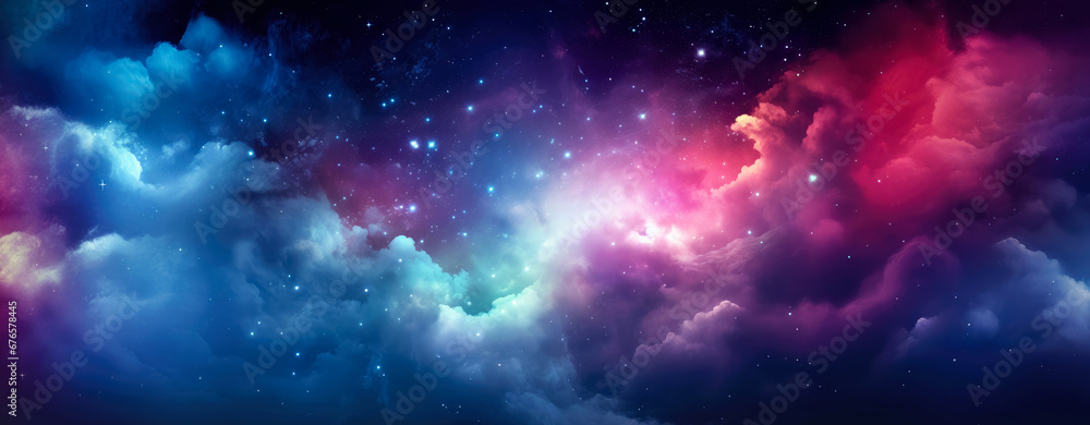 Abstract colorful night sky banner - vibrant colored clouds, some stars glowing. Generative AI - obrazy, fototapety, plakaty 