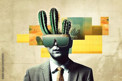 Pop art postmodern style collage. Illustration of busines man with cactus on the head depicting headache. Pace of modern life concept. A minimalistic and surreal portrait.