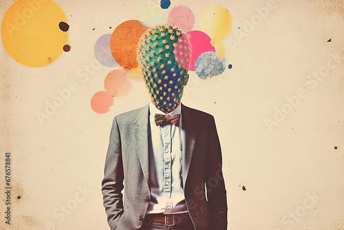 Pop art postmodern style collage. Illustration of busines man with cactus on the head depicting headache. Pace of modern life concept. A minimalistic and surreal portrait. photo