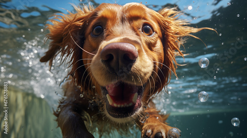 Lovely dog swimming in the pool. AI generated content. © Andrii