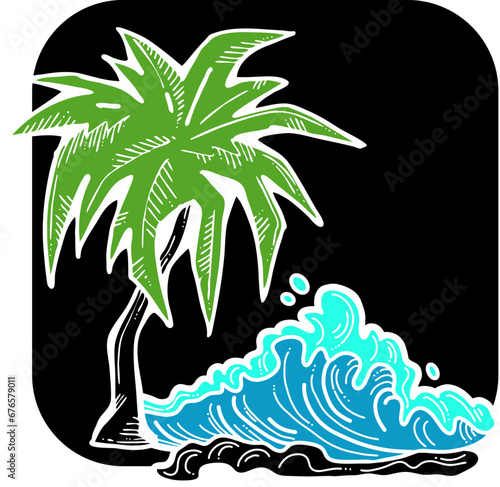 Palm and wave composition. Travel holiday, dream lagoon, spa resort, summer vacation, tropical paradise, ocean coast, sea shore design element. Hand drawn illustration, cartoon comic style vector.