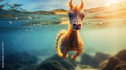 A close-up of a sea horse in the water. Generative AI. photo