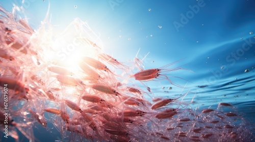 A group of small shrimps swimming in the ocean. Generative AI. photo