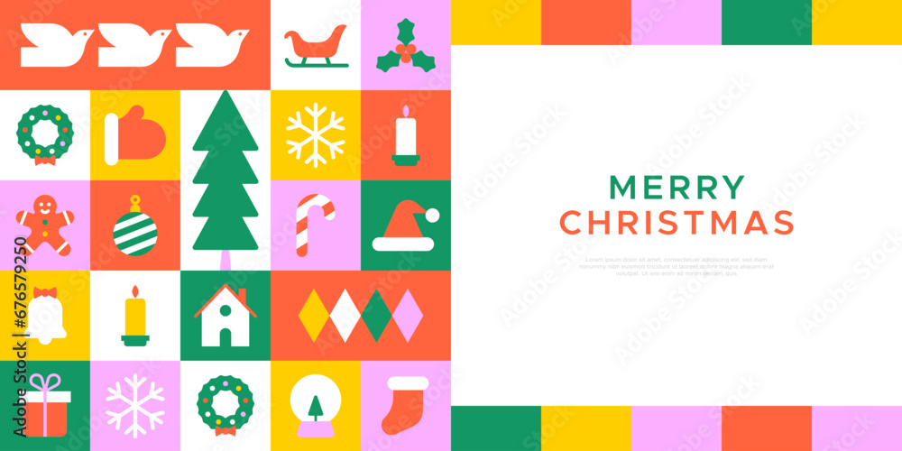 Merry christmas modern geometric banner template. Abstract xmas holiday mosaic poster with winter decoration. Festive party invitation, minimalist december event greeting card. - obrazy, fototapety, plakaty 