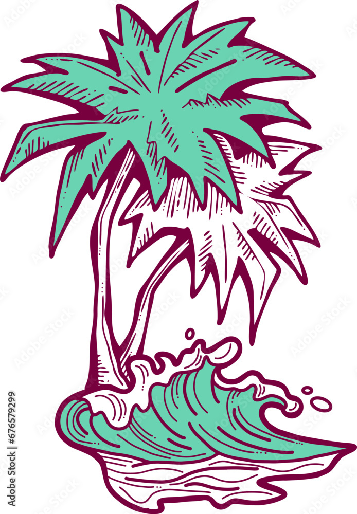 Naklejka premium Palm and wave composition. Travel holiday, dream lagoon, spa resort, summer vacation, tropical paradise, ocean coast, sea shore design element. Hand drawn illustration, cartoon comic style vector.