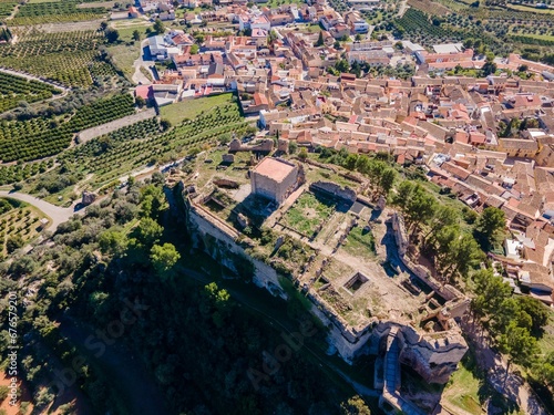 Aerial view of Montesa village surrounded by buildings