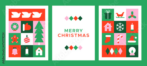 Merry christmas modern geometric banner template set. Abstract xmas holiday mosaic poster collection with winter decoration. Festive party invitation, minimalist december event greeting card bundle.