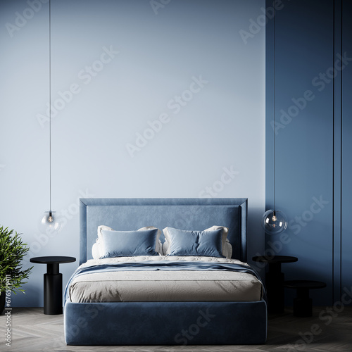 Sky blue or pale pastel tone bedroom with a blue navy bed. Empty painted wall canvas art. Mockup light background interior design rich home or hotel. Accent color trend. 3d rendering 