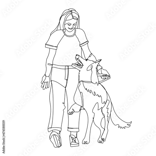 woman walking with large dog, line drawing / doodle