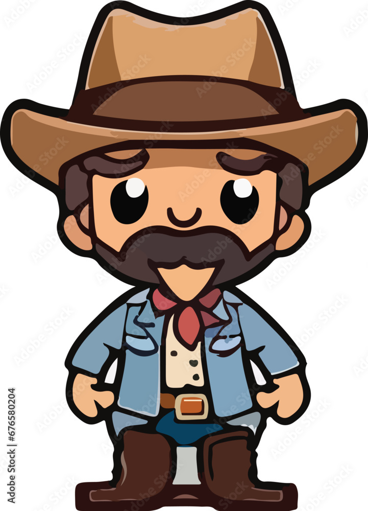 Cute vector illustration of an old cowboy with big brown hat on a white background Cute vector illustration of an old cowboy with big brown hat on a white background