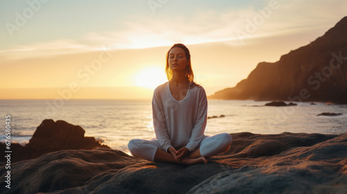 Young healthy woman practicing yoga on the beach at sunset © PaulShlykov