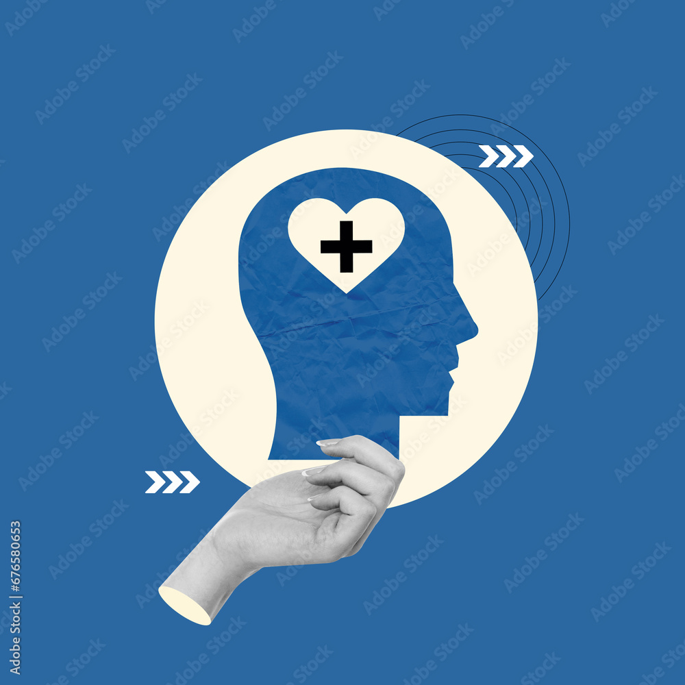Φωτογραφία Human head, mental health, heart, health sign, hand taking head cutout, Attentio