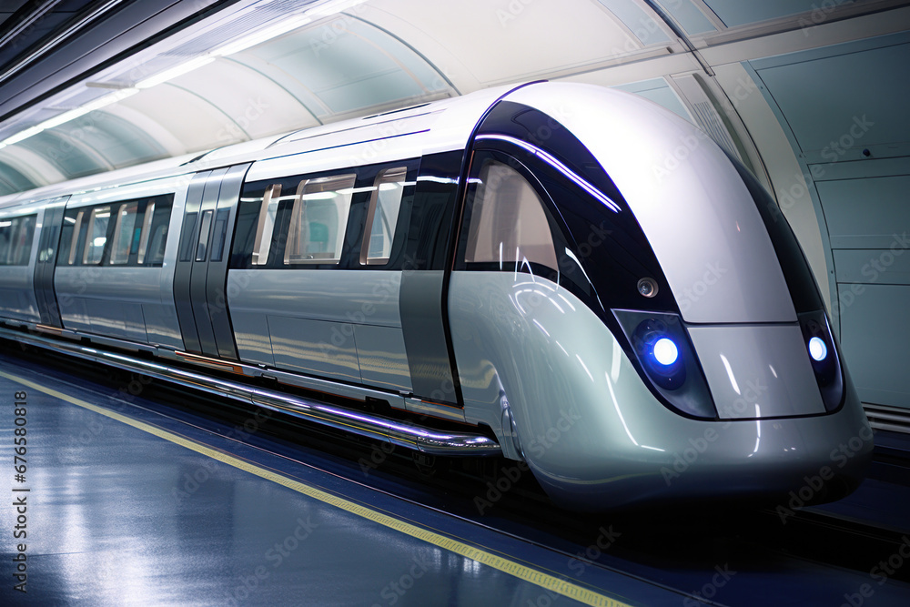 A modern metro train, sleek and streamlined