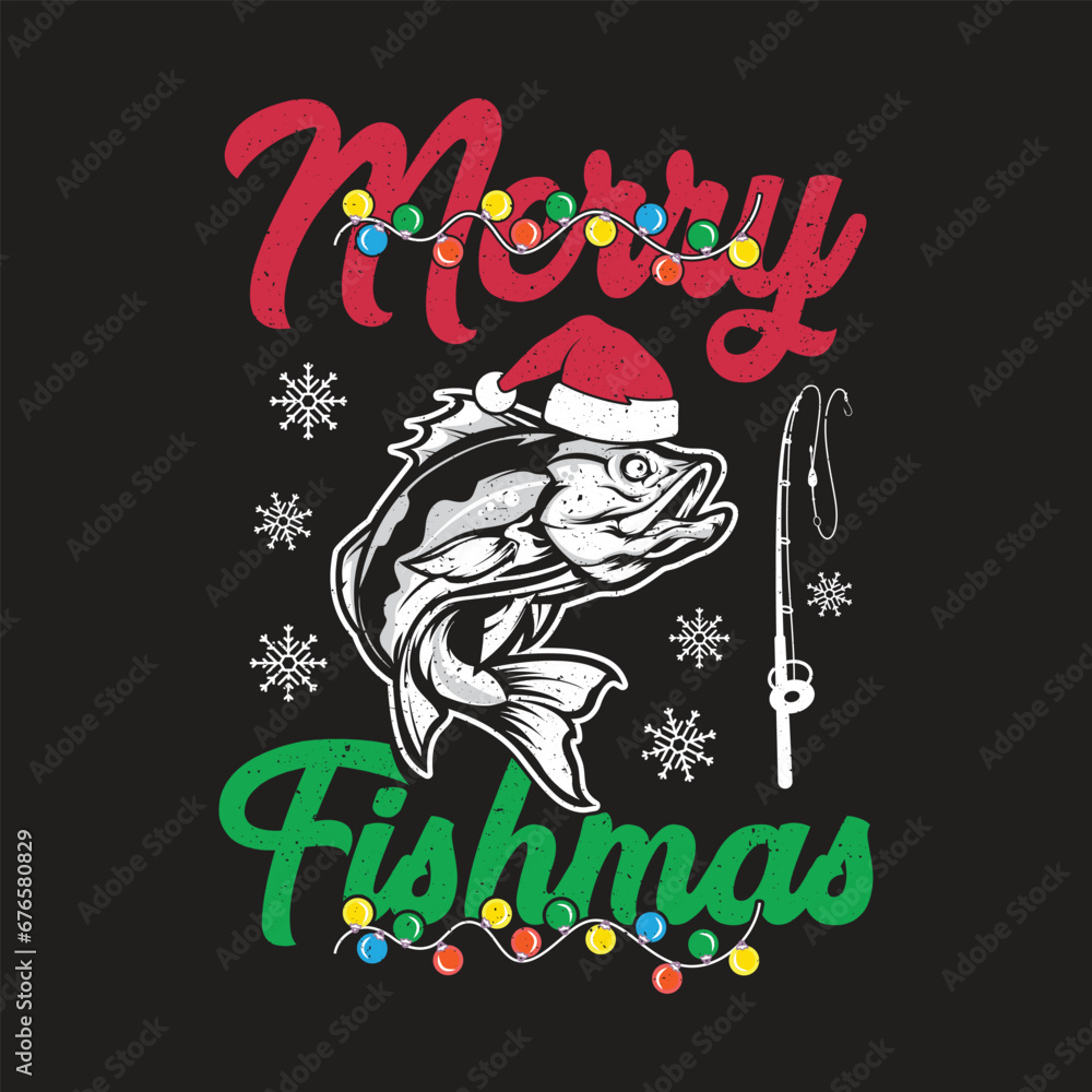 Merry Fishmas. Christmas T-shirt design, Posters, Greeting Cards, Textiles, and Sticker Vector Illustration.