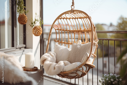 Cozy boho style balcony interior design with swinging chair, natural decoration and potted green plants photo