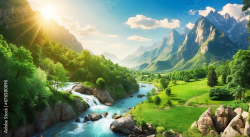 A magnificent nature view with lush green trees, flowing rivers, streams, and sun rays magically illuminating the view - AI generative